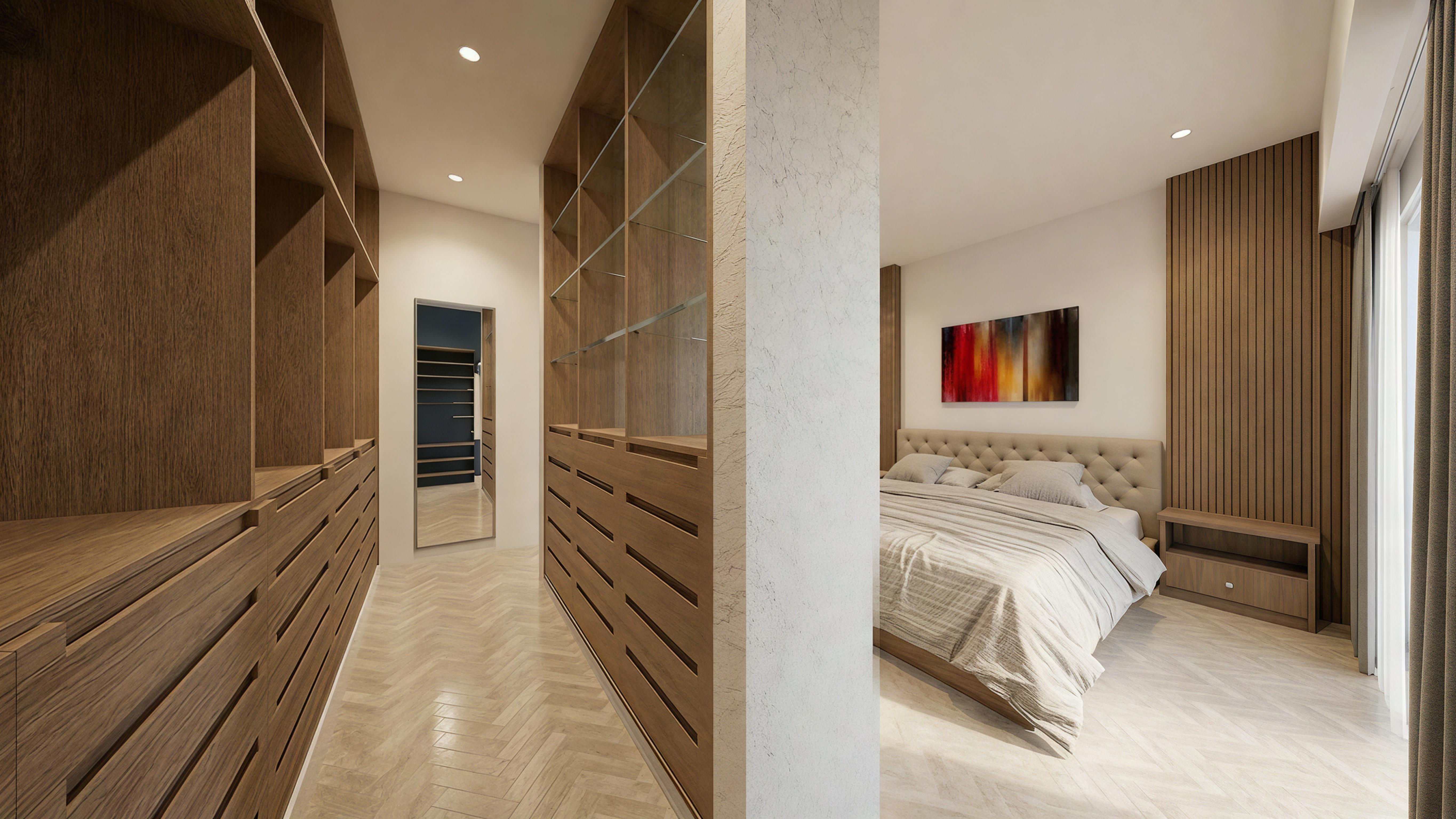 Bedroom interior design concept with neutral tones and modern layout