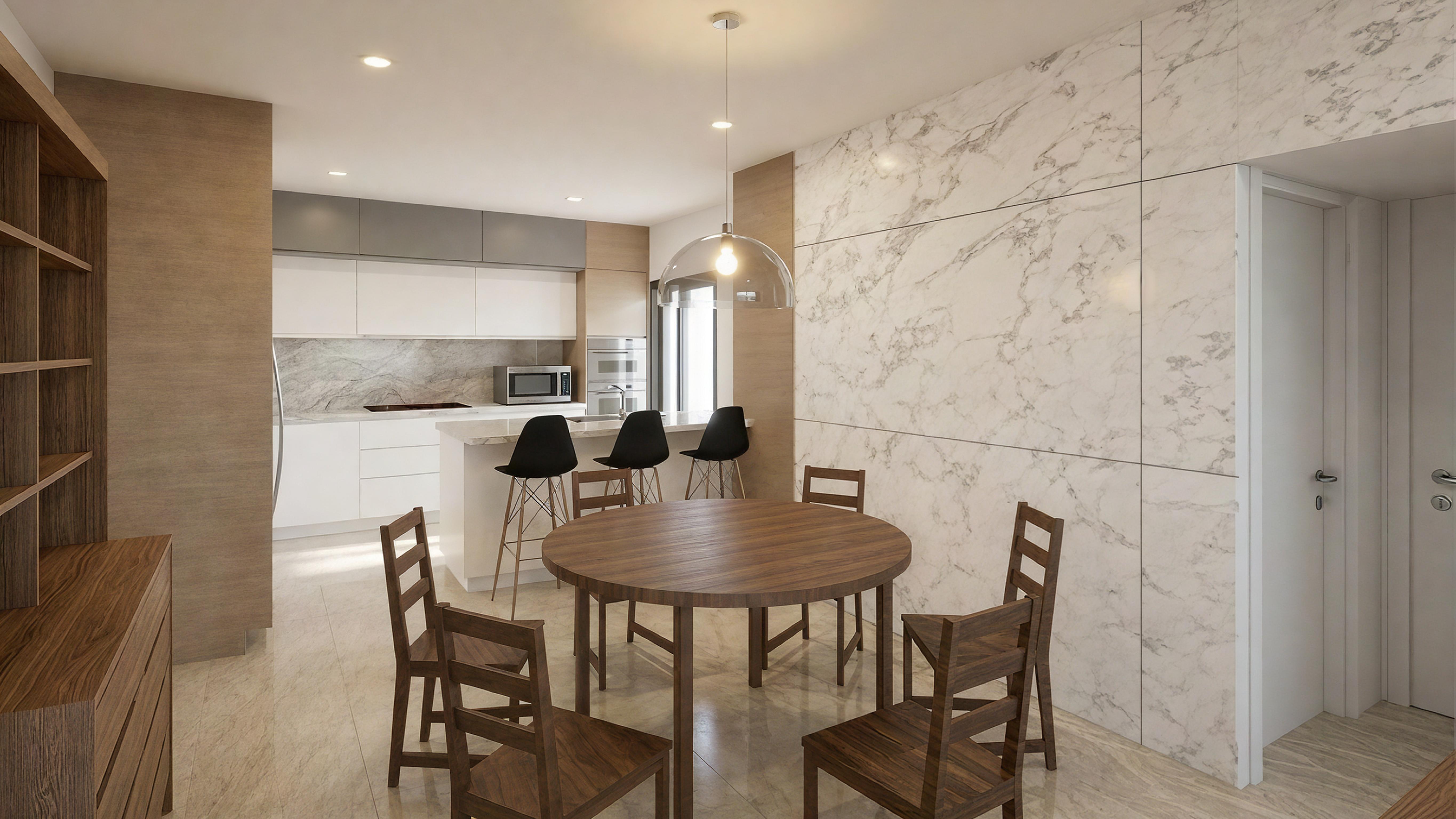 Apartment kitchen renovation design with island and modern materials